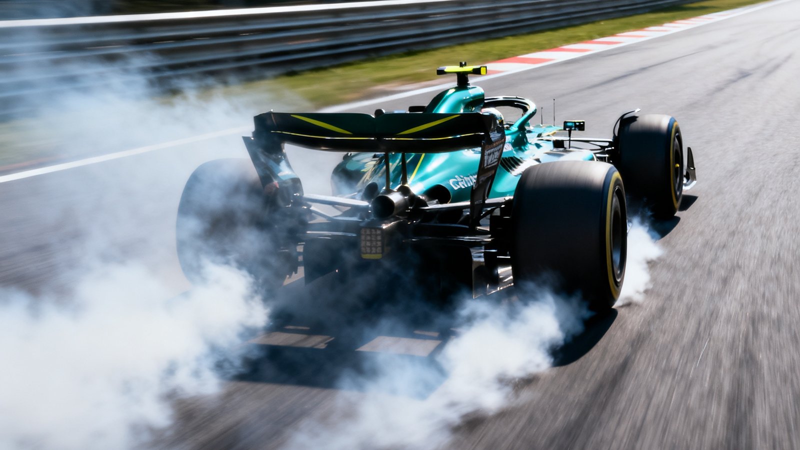 F1赛车在赛道上以超过300公里时速飞驰，轮胎与地面剧烈摩擦产生白色烟雾，展现顶级赛车运动的速度感